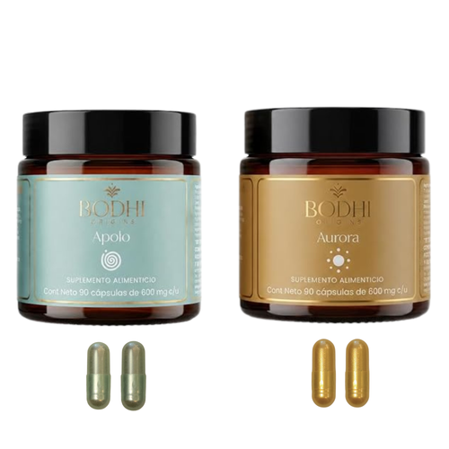 Dúo Apolo + Aurora de Bodhi Origins, dos frascos ámbar de vidrio