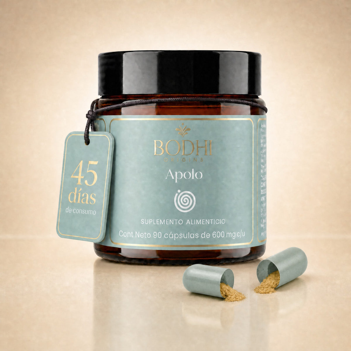 Apolo de Bodhi Origins, frasco ámbar con etiqueta 45 días de consumo y cápsula abierta, 90 cápsulas de 600 mg