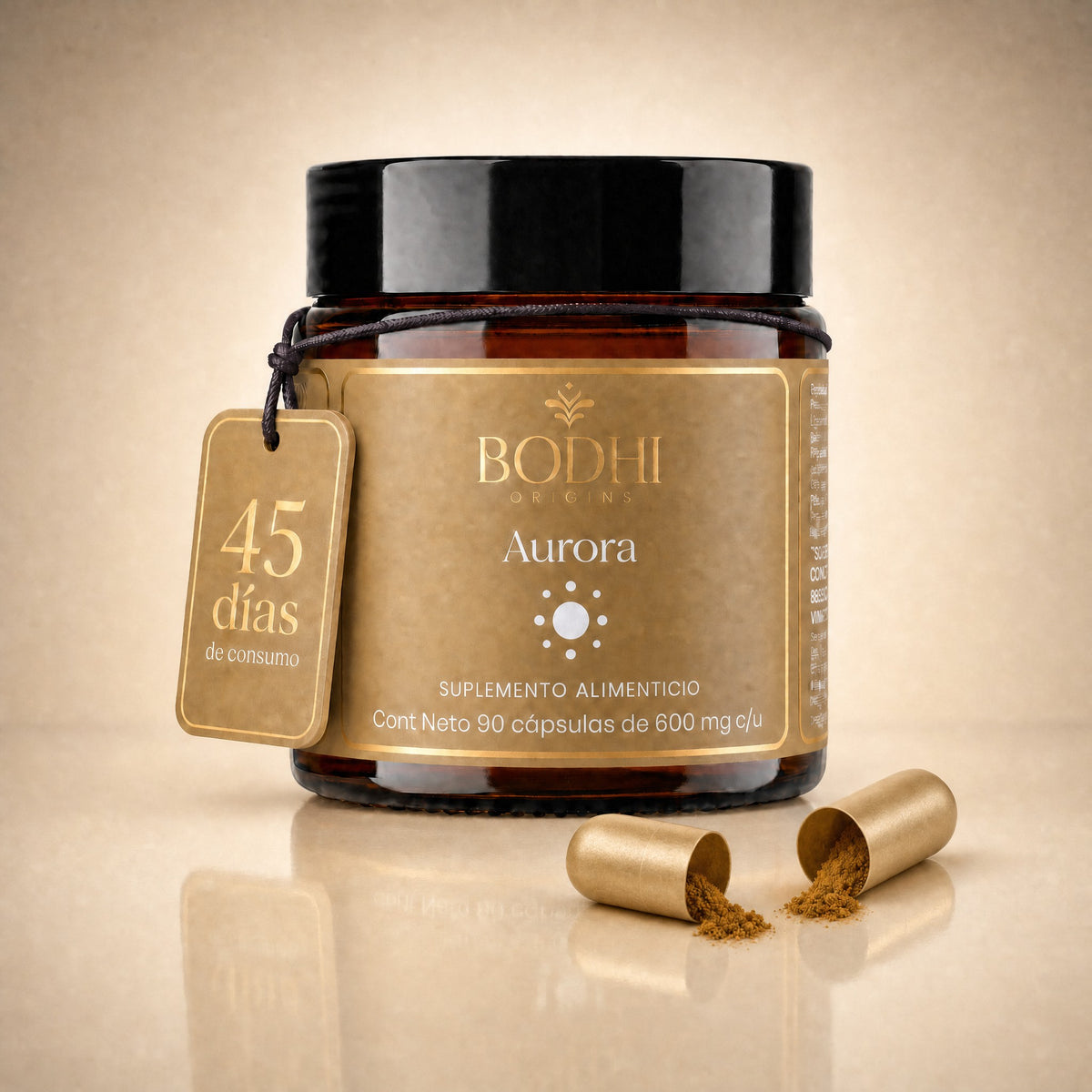 Aurora de Bodhi Origins, frasco ámbar con etiqueta 45 días de consumo y cápsula abierta, 90 cápsulas de 600 mg