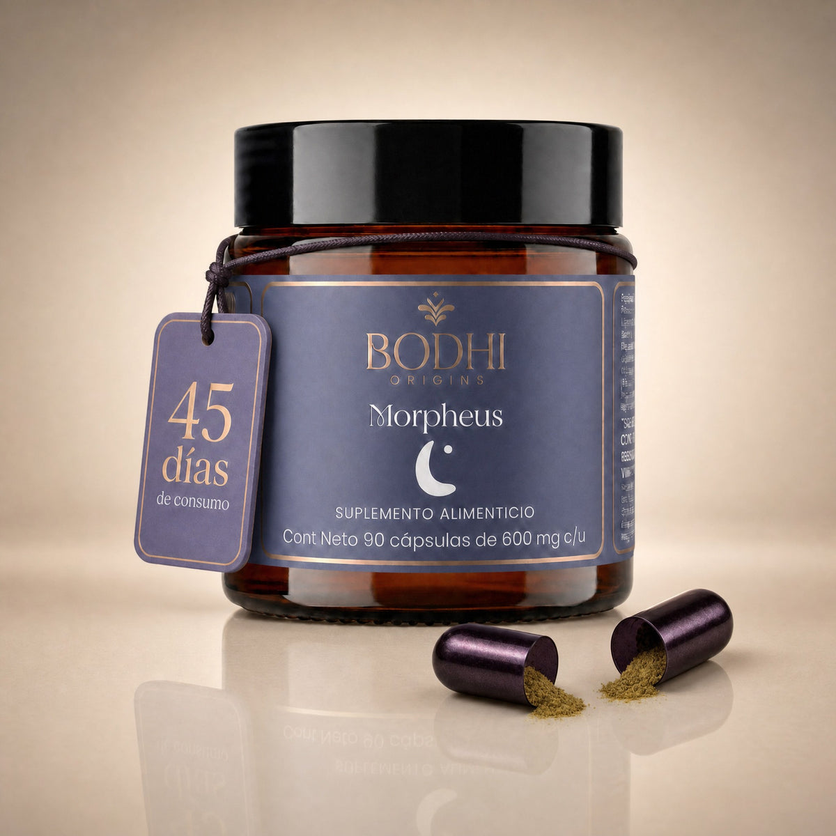 Morpheus de Bodhi Origins, frasco ámbar con etiqueta 45 días de consumo y cápsula abierta, 90 cápsulas de 600 mg