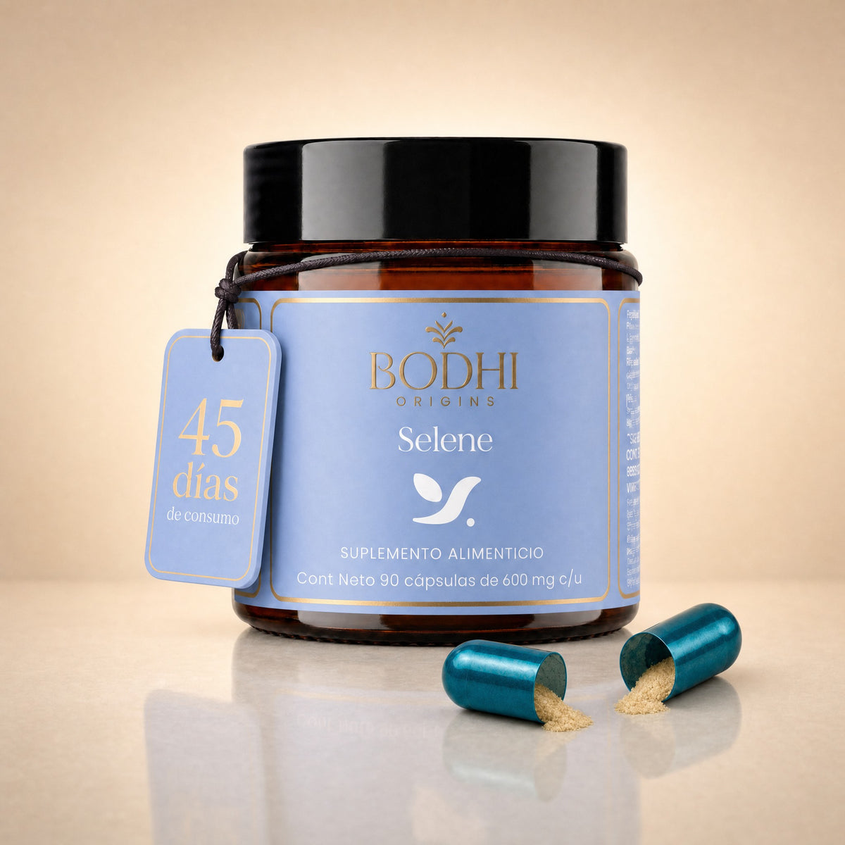 Selene de Bodhi Origins, frasco ámbar con etiqueta 45 días de consumo y cápsula abierta, 90 cápsulas de 600 mg